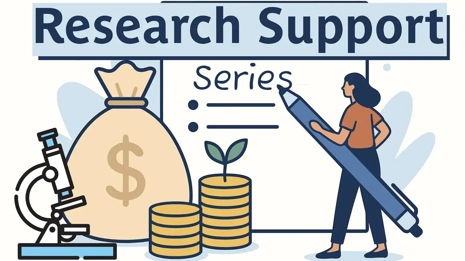 Graphic with money bag, coins and woman holding giant pencil